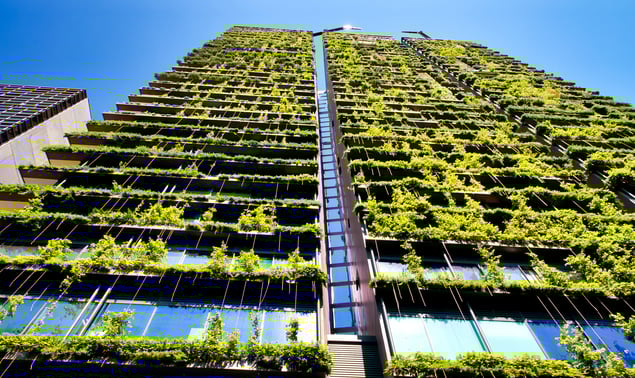 Green Skyscraper Building with Plants